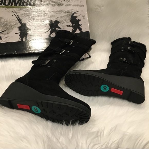 KOHMBU | Greenwich Style Black Leather Suede Tall Wedge Boots - Picture 4 of 14